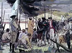 Vojáci amerických milicí očekávají útok Britů, kteří jsou vidět v dálce. Mezi Američany obchází velitel a zřejmě jim říká, aby nestříleli dokud neuvidí bělmo očí nepřátelských vojáků.