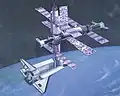 Původní plán –⁠⁠⁠⁠⁠⁠ sovětský raketoplán Buran připojený ke stanici Mir (představa umělce, 1986)
