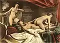 Malba od Édouard-Henri Avril, „Trojka" dvou žen a muže „De Figuris Veneris" s prvky voyerství.