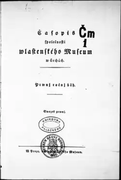 Titulní stránka Časopisu Společnosti Wlastenského museum w Čechách z roku 1827