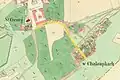 Průběh dnešní Šestajovické ulice na císařském otisku mapy Stabilního katastru z roku 1841 je vyznačen žlutě.