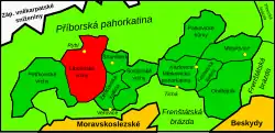 Členění Štramberské vrchoviny (Libotínské vrchy jsou červeně zvýrazněny)
