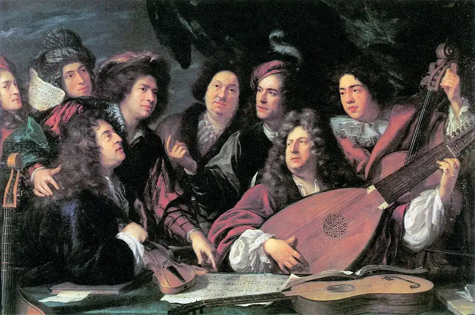 Portrét několika hudebníků a umělců (François Puget, 1688, Muzeum Louvre) Dvě hlavní postavy bývají označovány jako Jean-Baptiste Lully a Philippe Quinault