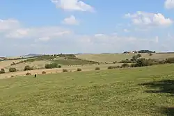 Zvonička se tyčí na obzoru, vlevo od středu fotografie