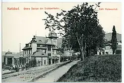 Horní stanice lanovky, vpravo kavárna Helenenhof, pohlednice z roku 1907