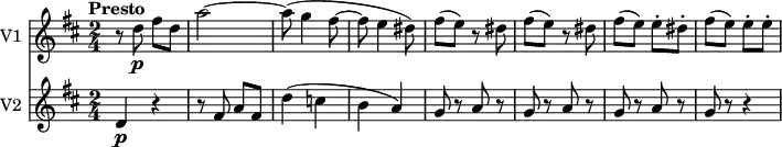 
<<
 \new Staff \with { instrumentName = #"V1 "}
 \relative c'' {
  \version "2.18.2"
  \key d \major
  \tempo "Presto"
  \time 2/4
  \tempo 4 = 160
   r8 d8\p fis d
   a'2 ~
   a8 (g4 fis8 ~
   fis e4 dis8)
   fis (e) r8 dis
   fis (e) r8 dis
   fis (e) e-. dis-.
   fis (e) e-. e-.
}
\new Staff \with { instrumentName = #"V2 "}
\relative c'' {
  \key d \major
  \time 2/4
   d,4\p r4
   r8 fis a fis
   d'4 (c b a)
   g8 r8 a r8
   g8 r8 a r8
   g8 r8 a r8
   g8 r8 r4
}
>>
