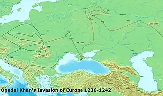 Mapa zachycující postup Mongolů