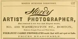 Inzerát: Hardy, výtvarný fotograf se přestěhoval do nového elegantního studia..., Boston Directory, 1879