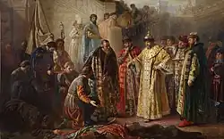 Ataman Kolco a další vyslanci kozáků před carem Ivanem IV. předávají moc nad dobytou Sibiří a prosí o odpuštění