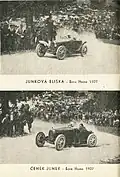 Junkovi při závodě Ecce Homo 1926 s vozy Bugatti (uvedené popisky 1927 jsou chybně)