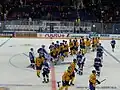 závěrečný ceremoniál po utkání mezi Finskem a Švédskem