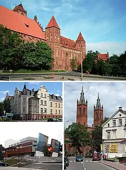 Koláž památek; katedrála, roh ul. Kościuszki a Mostowej, budova kina, kostel sv. Trojice