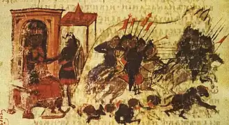 Miniatura zobrazující útok Arabů z Manassovy kroniky ze 14. století