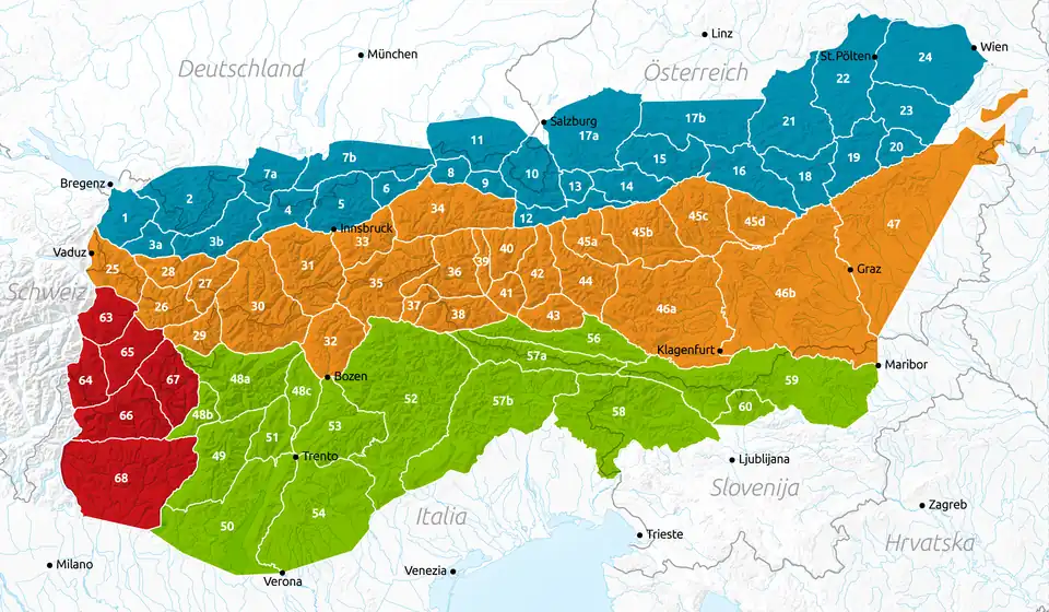 Členění Východních Alp: Severní vápencové Alpy (čísla geomorfologických oblastí viz tabulka)