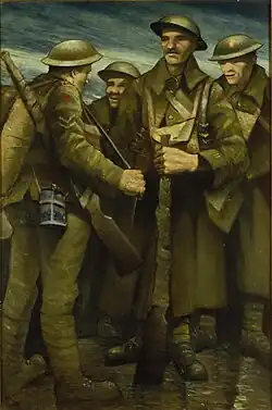 Obraz na výšku zobrazuje 4 vojáky v zelených uniformách; dva z nich mají pušku. Jeden ji opírá o zem, druhý ji má na rameni za řemen. Na hlavách mají helmy a s úsměvem diskutují mezi sebou. Jeden voják má na břiše kabelu. Druhý voják otočený zády k divákovi má čutoru modré barvy.
