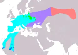Rozšíření rákosník ostřicového (světle zeleně – hnízdiště, světle modře – migrace, modře – zimoviště, růžově – pravděpodobně vyhynul, bledě fialově – možná migrace )