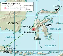 trasa letu Adam Air 574
