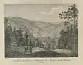 Kresba výhledu do údolí se zámkem z roku 1833