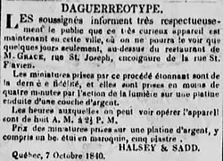 Advertisement by Halsey & Sadd for daguerreotype services, Quebec City, 9. 10. 1840