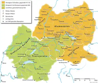 Švábské vévodství v 10. století, sousedící s královstvím Horní Burgundsko