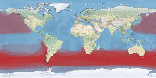 Mapa výskytu albatrosů, ze které je patrné, že největší druhová rozmanitost albatrosů je na jižní polokouli