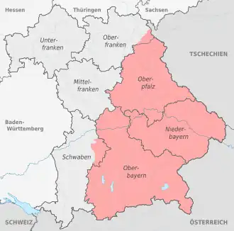 Oblast Starého Bavorska (Altbayern) včetně Innské čtvrti (Innviertel) patřící Rakousku