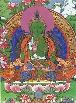 Buddha Amóghasiddhi zobrazený s abhaja-mudrou