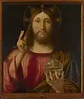 Svatozář v podobě kombinace kruhu, kříže a paprsků.