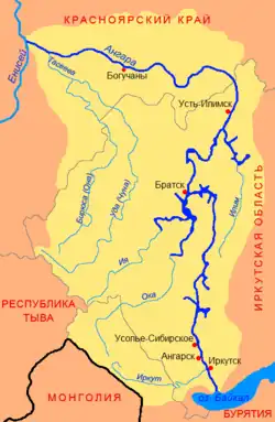 Mapa povodí Angary s řekou Čuna (Uda)