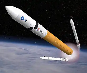 Ilustrace plánované rakety Ares V po startu
