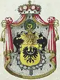 Znak Vévodství Horní a Dolní Slezsko (Rakouského Slezska) s odznakem rytířského řádu Rudenband na kresbě z r. 1855. Kopie grafiky Leonarda Dorsta z r. 1842, zobrazující ve skutečnosti znak pruské Provincie Slezsko. (autor Robert Widimsky)