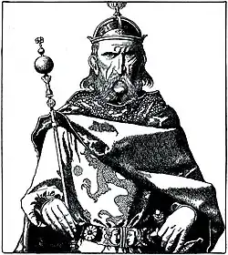 Uther Pendragon, od amerického ilustrátora a autora knih pro mládež Howarda Pylea z jeho románu The Story of King Arthur and His Knights („Příběh krále Artuše a jeho rytířů“) z roku 1903.
