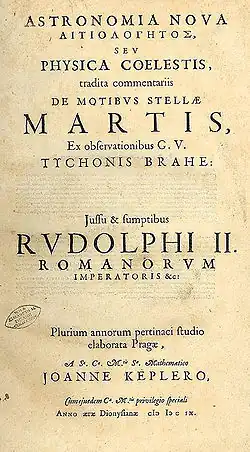 Titulní strana spisu Astronomia nova (1609), v němž Johannes Kepler zveřejnil své první dva zákony