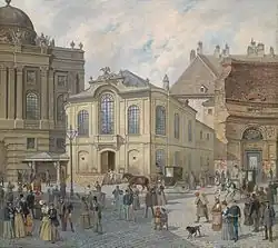 Staré dvorní divadlo (Burgtheater), kde se odehrála řada koncertů Tonkünstler-Societät. August Gerasch, 19. století.