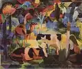 Krajina s kravami a velbloudem, 1914, 47×54 cm, Kunsthaus Zürich. Jedna z olejomaleb inspirovaná pobytem v Tunisu