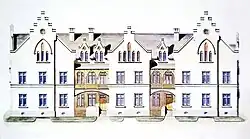 Asylhaus – původně domov pro přestárlé zaměstnance, součást někdejšího komplexu podnikových obytných domů v ústeckém Novém městě. Dnes v aréálu městských služeb. Výkres frontální fasády, 80.léta 19.stol. Archiv Spolku, repro My z chemie 8.10.2003, s.3.