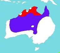 Rozšíření austrálských jazyků. Modře je vyznačena rodina pama-nyungan, červeně všechny ostatní.