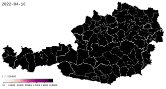 Počet infikovaných na 100 000 obyvatel      40–85 potvrzených případů      85–175 potvrzených případů      175–360 potvrzených případů      360–750 potvrzených případů      750–1500 potvrzených případů      1500+ potvrzených případů