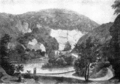 Pohled na Býčí skálu od Jáchymky z roku 1828. V popředí zmíněný rybník, autor F. Richter