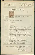 Křestní list Karla Škorpila