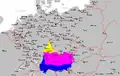 Mapa dnešního rozšíření a hlavního dělení bavorštiny