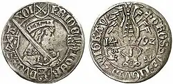Kurfiřt Fridrich III., Jan a vévoda Jiří, tzv. vousatý groš z roku 1492, Mincovna Cvikov a Schneeberg