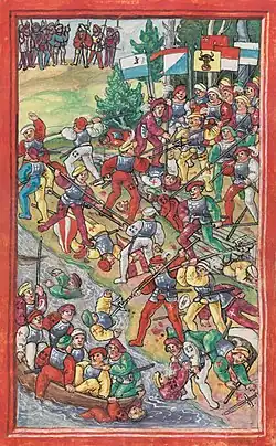 Bitva o Hard v iluminovaném rukopise Luzerner Schilling z roku 1513