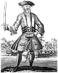 Edward Teach neboli Černovous, rytina od Benjamina Colea ve vydání z roku 1724