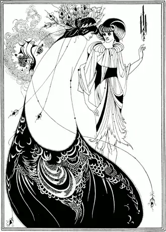 Černobílá secesní ilustrace v charakteristickém stylu Aubrey Beardsleyho. Kresba zobrazuje dvě stojící elegantní ženské postavy. Levá na sobě má dlouhé splývavé šaty připomínající výrazně stylizovaného páva s rozvinutým dekorativním ocasem. Ilustrace je provedena kontrastní linkou s bohatými ornamentálními detaily, geometrickými vzory a charakteristickými secesními křivkami. Celá kompozice je orámována trojitou linkou.