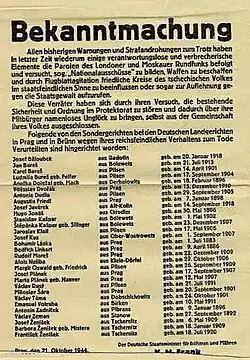 Německá vyhláška uveřejňující jména popravených Čechů, 21. října 1944