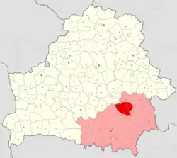 Žlobinský rajón (červeně) na mapě Gomelské oblasti