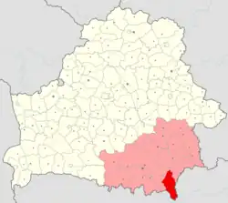 Braginský rajón (červeně) na mapě Gomelské oblasti