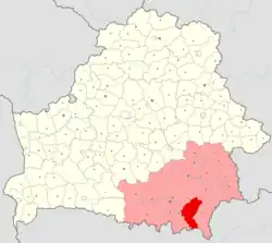 Chojnický rajón (červeně) na mapě Homelské oblasti
