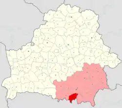 Jelský rajón (červeně) na mapě Homelské oblasti
